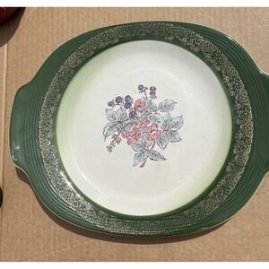 Vintage Green Gold Floral Oval Serving Platter Tray with Handles Berries Flowers